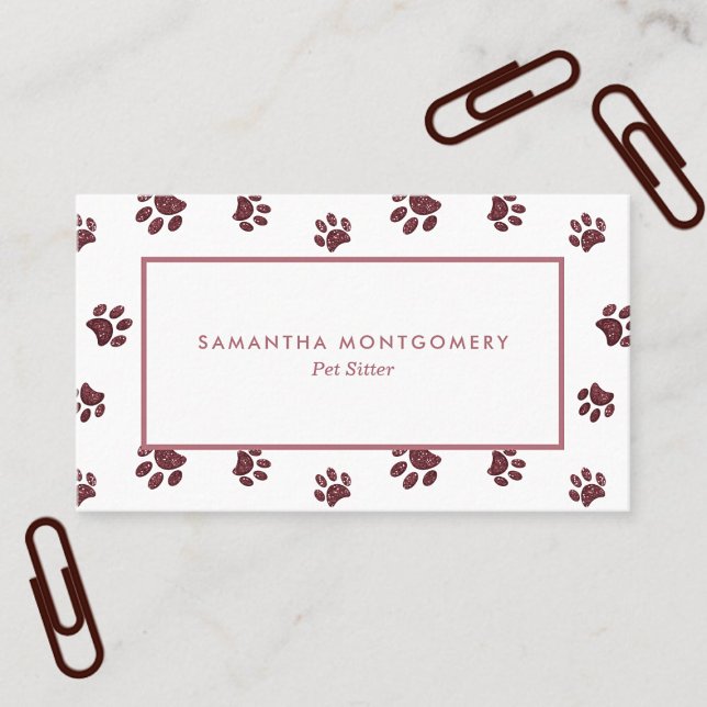 Cartão De Visita Rosa Dourado Glitter Paw Imprime Coletor de Pet (Rose Gold Glitter Paw Prints Pet Sitter Business Card)