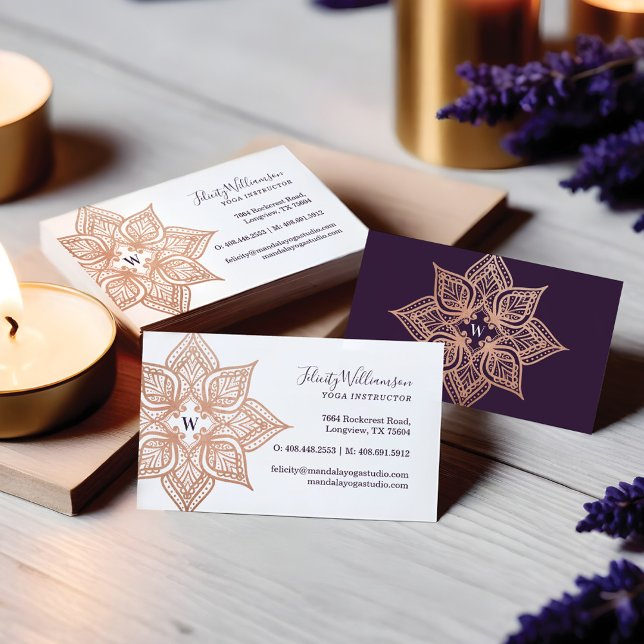 Cartão De Visita Rosa Dourado Mandala e Monograma Roxo Escuro de Pl (Rose Gold Mandala & Dark Purple Plum Monogram Business Card)