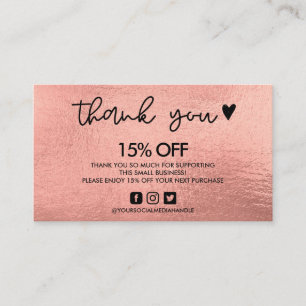 Cartão De Visita Rosa Dourado Obrigado Coração