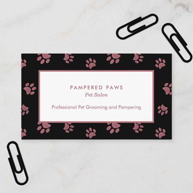 Cartão De Visita Rosa Dourado Pata Rosa Imprime Salão Preto de Pet (Rose Gold Pink Paw Prints Black Pet Salon Business Card)