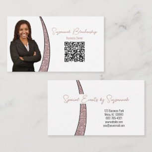 Cartão De Visita Rosa Dourado Prateado Brilho Falso Foto QR Chic