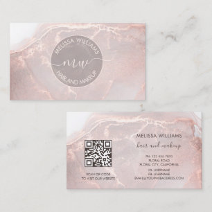 Cartão De Visita Rosa Dourado Tinta Mármore Código QR