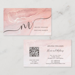 Cartão De Visita Rosa Dourado Tinta Mármore Código QR