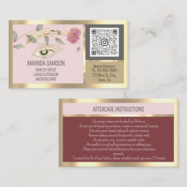 Cartão De Visita Rosa Eyelash Microlâmina Qr Instruções de Cuidados (Frente/Verso)