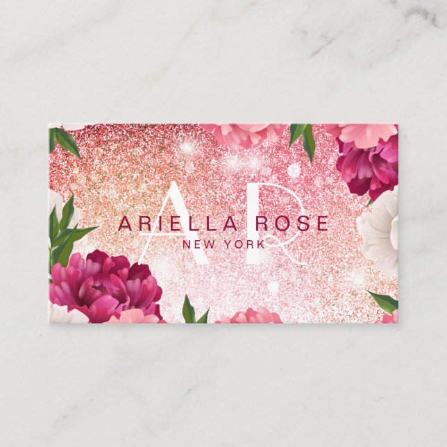 Cartão De Visita Rosa Floral Elegante Glitter (Frente)