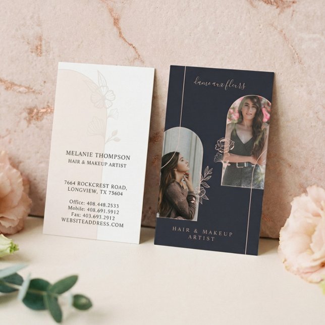 Cartão De Visita Rosa Floral moderno - Marinho de fotos de beleza (Luxury Floral Beauty Hair Makeup Artist Arch Photo Business Card)