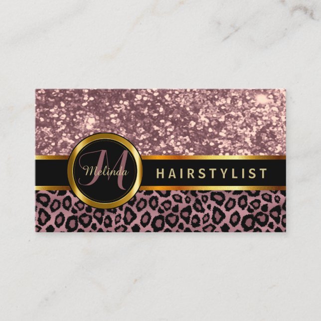 Cartão De Visita Rosa Glitter e Pele Leopardo - Hairstylist (Frente)