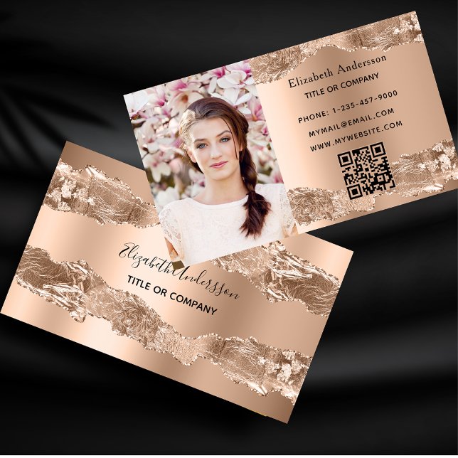 Cartão De Visita Rosa gold agate marble marble code QR (Criador carregado)