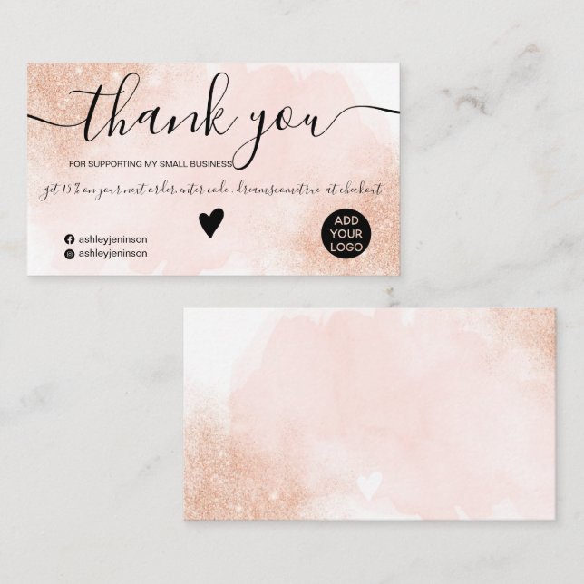Cartão De Visita Rosa obrigado Dourado brilho cor-de-rosa pincelada (Frente/Verso)