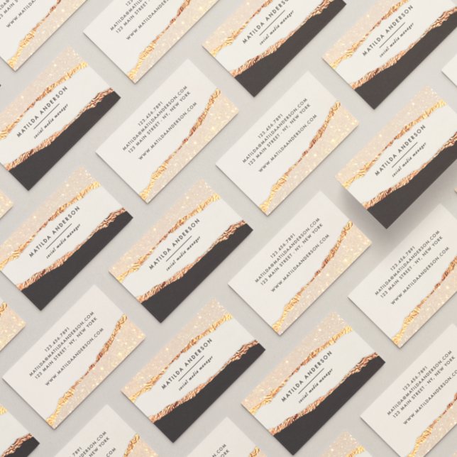 Cartão De Visita Rosa ouro reluzente preto rosa moderno (Criador carregado)