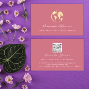 Cartão De Visita Rosa QRCode da Agência de Viagem de Mapa do Mundo