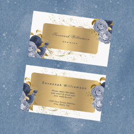 Cartão De Visita Rosas Azul Floral Dourados Personalizáveis
