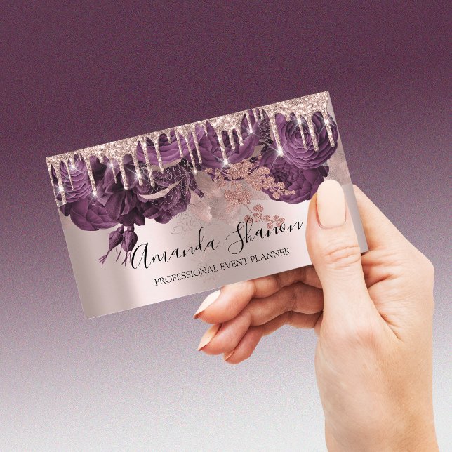 Cartão De Visita Rosas Blush Purple Glitter Logo Planejador de Even (Criador carregado)
