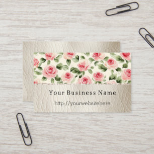 Cartão De Visita Rosas bonito Rosa Floral Creme Faux Couro