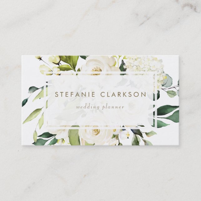 Cartão De Visita Rosas Brancas e Hidrópias da Aquarela (Frente)