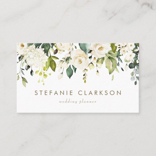 Cartão De Visita Rosas Brancas e Hydrangeas Garland (Frente)