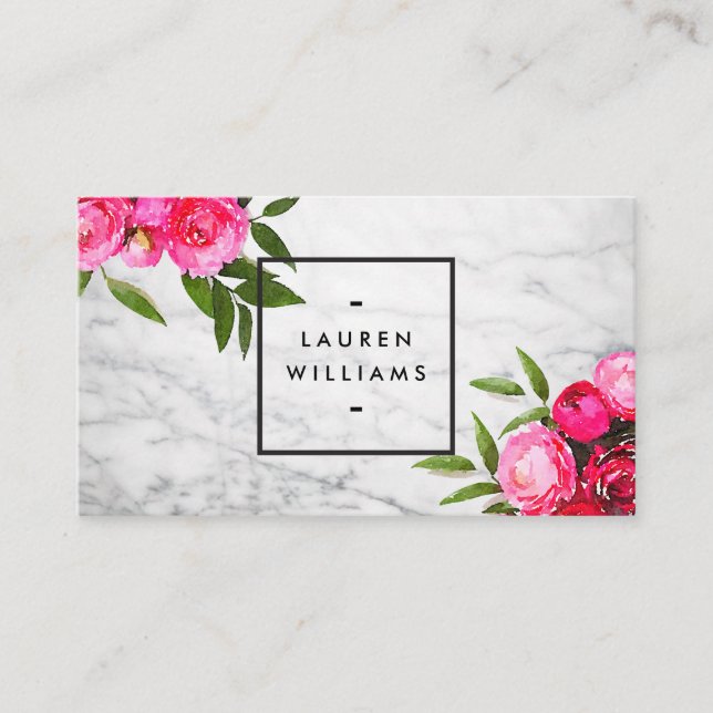 Cartão De Visita Rosas de Aquarelas Luxe Negrito em Marble (Frente)