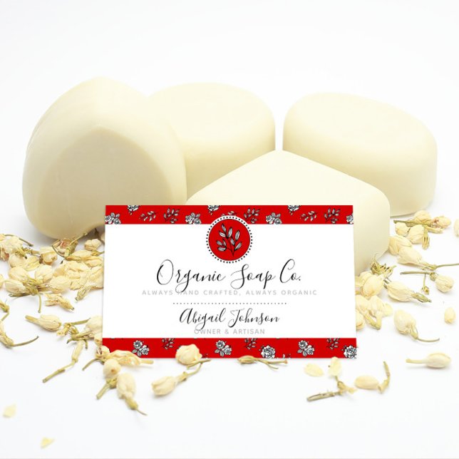 Cartão De Visita Rosas e Folhas Desenhadas à Mão Vermelhas e Branca (Criador carregado)