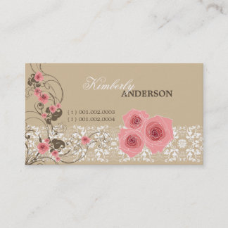 Cartão De Visita Rosas Rosa Damask Lace Fleur Elegante Vintage Chic