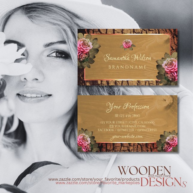 Cartão De Visita Rosas rosa-rosadas, Latido-Floral--Madeira (Criador carregado)