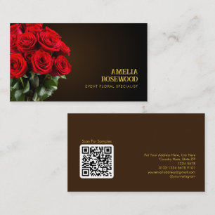 Cartão De Visita Rosas vermelhas do buquê no Código QR castanho esc