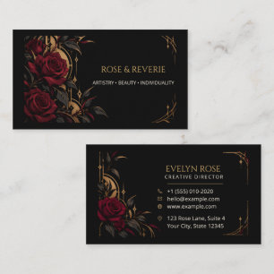 Cartão De Visita Rosas Vermelhas Góticas Pretas e Douradas Elegante