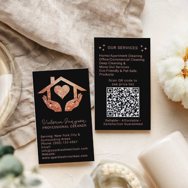 Cartão De Visita Rose Gold Black Cleaning Service Maid QR Logo (Rose Gold Black Cleaning Service Maid QR Logo Business Card)