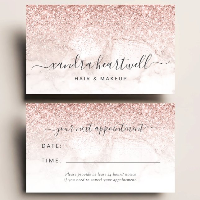 Cartão De Visita Rose Gold Blush Marble Glitter Script Appointment (Criador carregado)