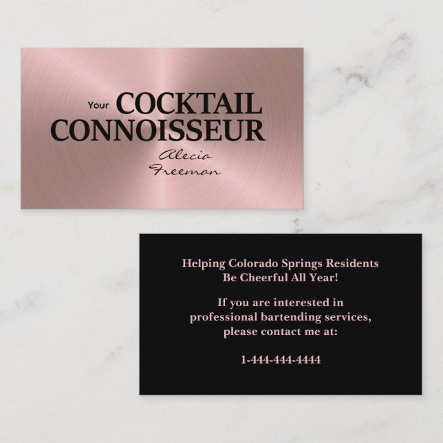 Cartão De Visita Rose Gold Brushed Event Bartender Business Card (Frente/Verso)