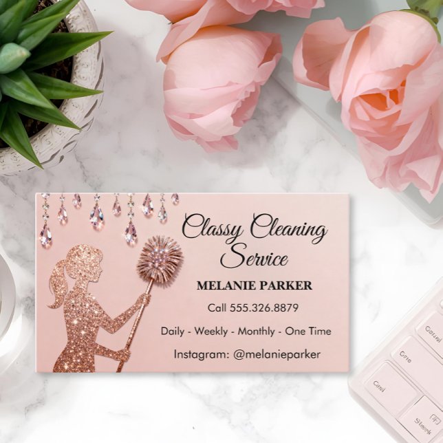 Cartão De Visita Rose Gold Glitter Classy Cleaning Services (Criador carregado)