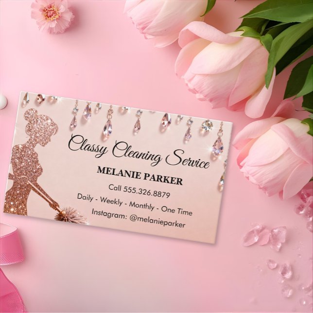 Cartão De Visita Rose Gold Glitter Classy Cleaning Services (Criador carregado)