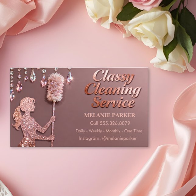 Cartão De Visita Rose Gold Glitter Classy Cleaning Services (Criador carregado)