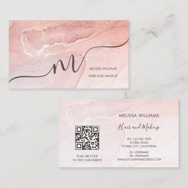 Cartão De Visita Rose Gold  Ink Marble | QR Code (Frente/Verso)