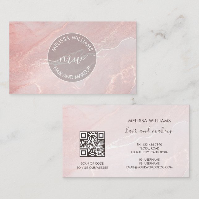 Cartão De Visita Rose Gold  Ink Marble | QR Code (Frente/Verso)
