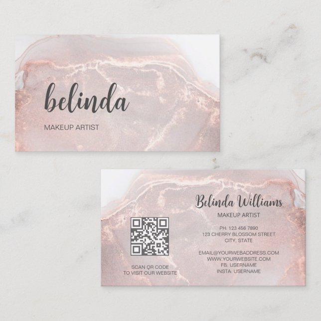 Cartão De Visita Rose Gold  Ink Marble | QR Code (Frente/Verso)