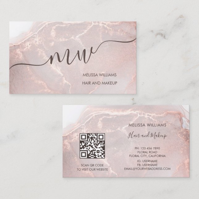 Cartão De Visita Rose Gold  Ink Marble | QR Code (Frente/Verso)