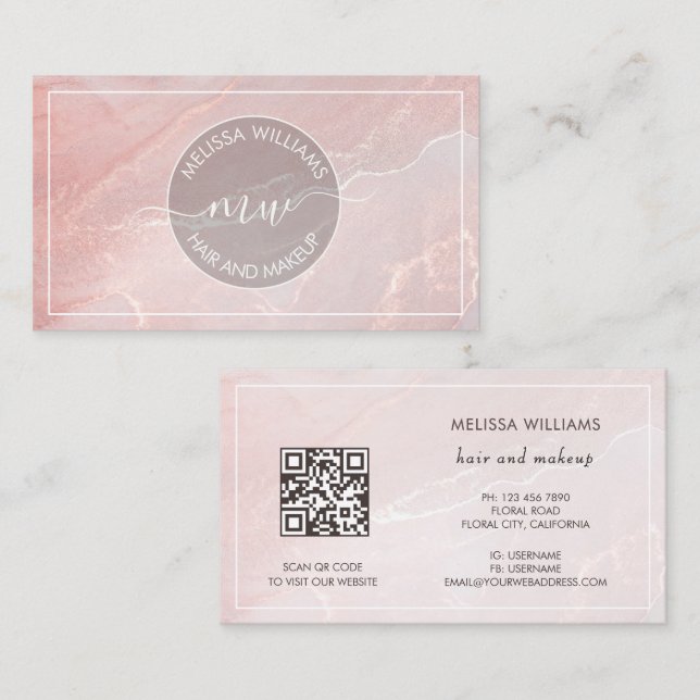 Cartão De Visita Rose Gold  Ink Marble | QR Code (Frente/Verso)