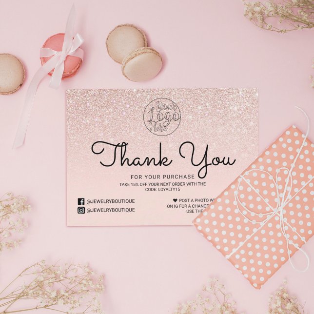 Cartão De Visita Rose Gold Pink Glitter Ombre Customer Thank You (Criador carregado)