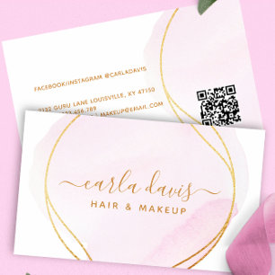 Cartão De Visita Rosto Rosado Assinatura Script Aquarela Dourado QR