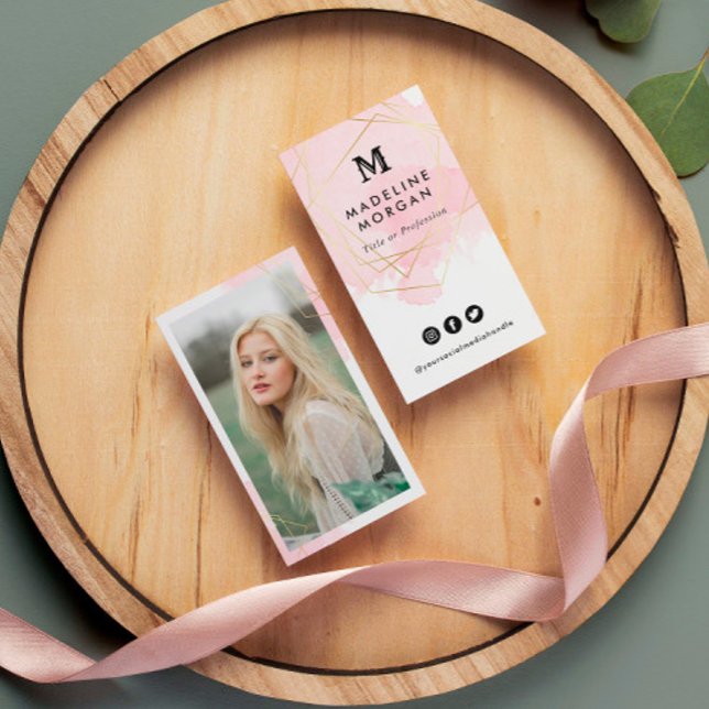 Cartão De Visita Rosy Watercolor Social Media com Foto (Criador carregado)