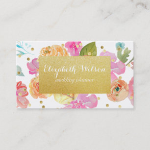 Cartão De Visita Rótulo do ouro e confete em flores aquarelas