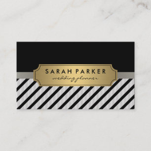 Cartão De Visita Rótulo Dourado Metálico Faux Linen Black Stripes