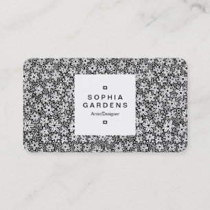 Cartão De Visita Rótulo quadrado 03a - Padrão de flor - Wt em preto