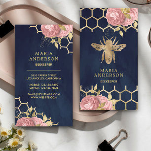 Cartão De Visita Rouge Azul Marinho com Folha de Ouro Floral Rosa A
