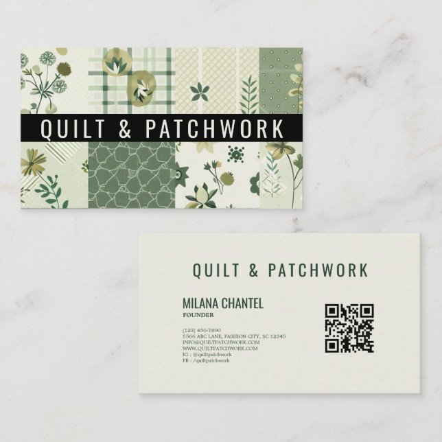 Cartão De Visita Roupa Feita à Mão em Patchwork de Colcha Verde (Frente/Verso)