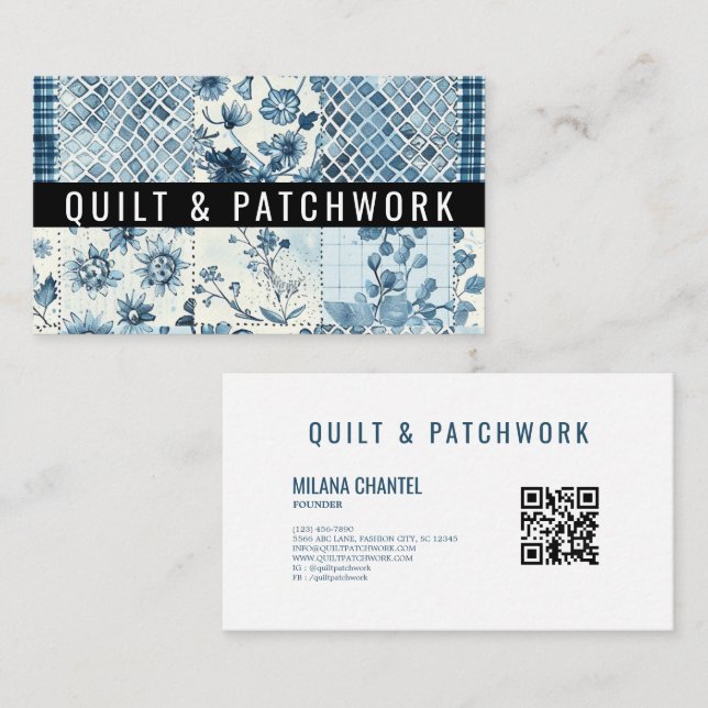 Cartão De Visita Roupas Feitas à Mão em Patchwork de Colcha Azul  (Frente/Verso)