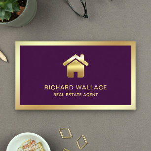 Cartão De Visita Roxo Agente Imobiliário Logotipo Folha Dourada Cas