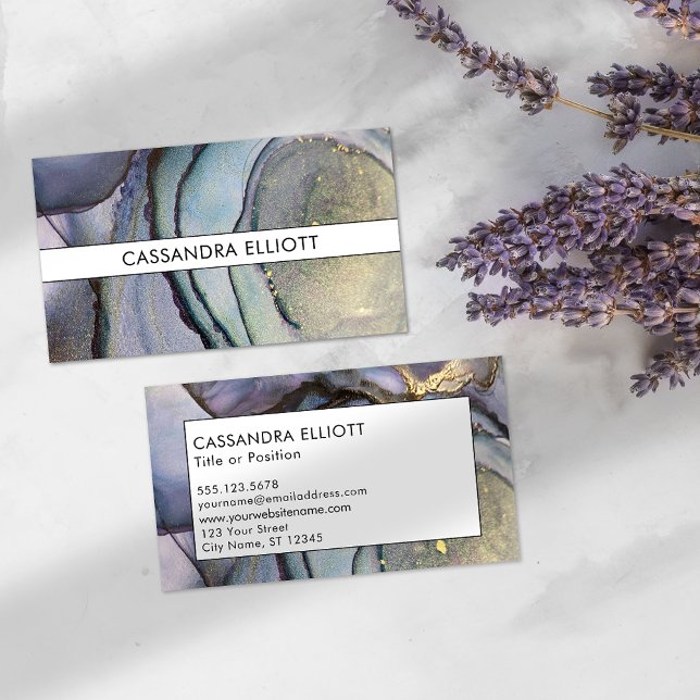 Cartão De Visita Roxo Azul e Tinta Álcool Dourada Arte Líquida (Criador carregado)