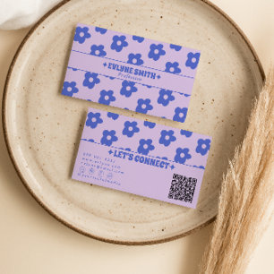 Cartão De Visita Roxo Azul Retro Código QR Floral Único Groovy