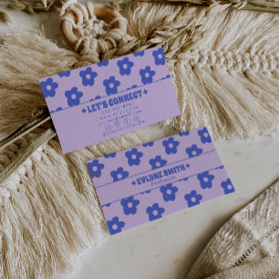 Cartão De Visita Roxo Azul Retro Floral Boho Único dos Anos 70